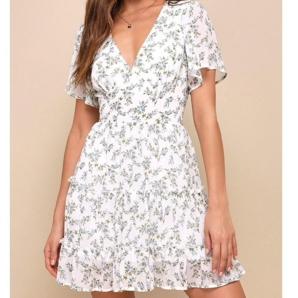 Lulus Floral Tiered V-Neck Mini Formal Wedding Bridal Shower Rush Dress Medium